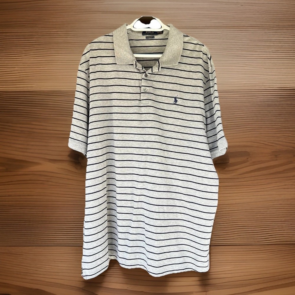 Polo Ralph Lauren Shirt Mens 2XL Grey And Navy Blue Striped Short Sleeve